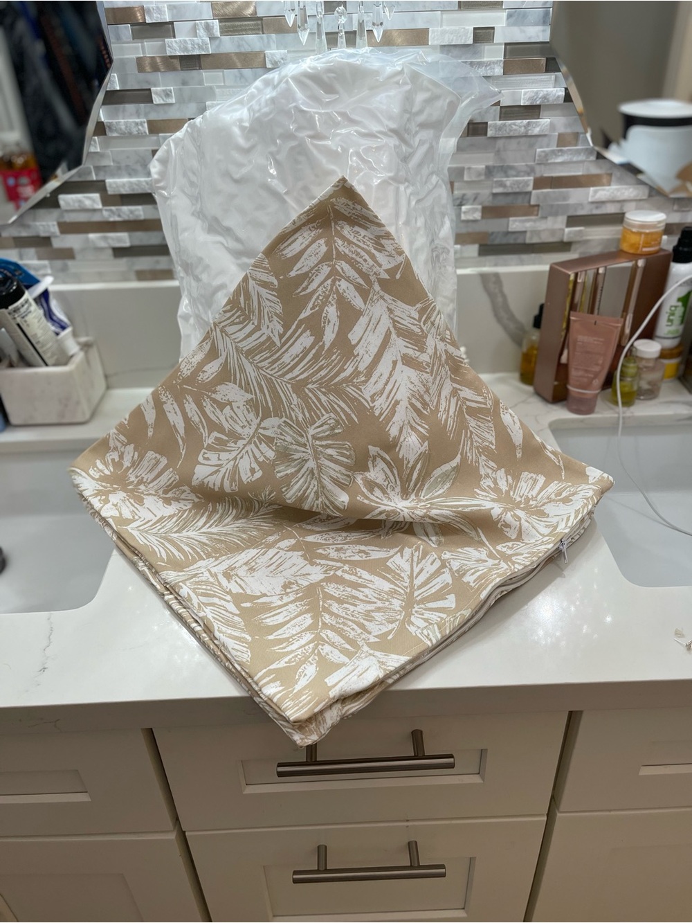 Neutral Beige Leaf-Print Pillows With Covers